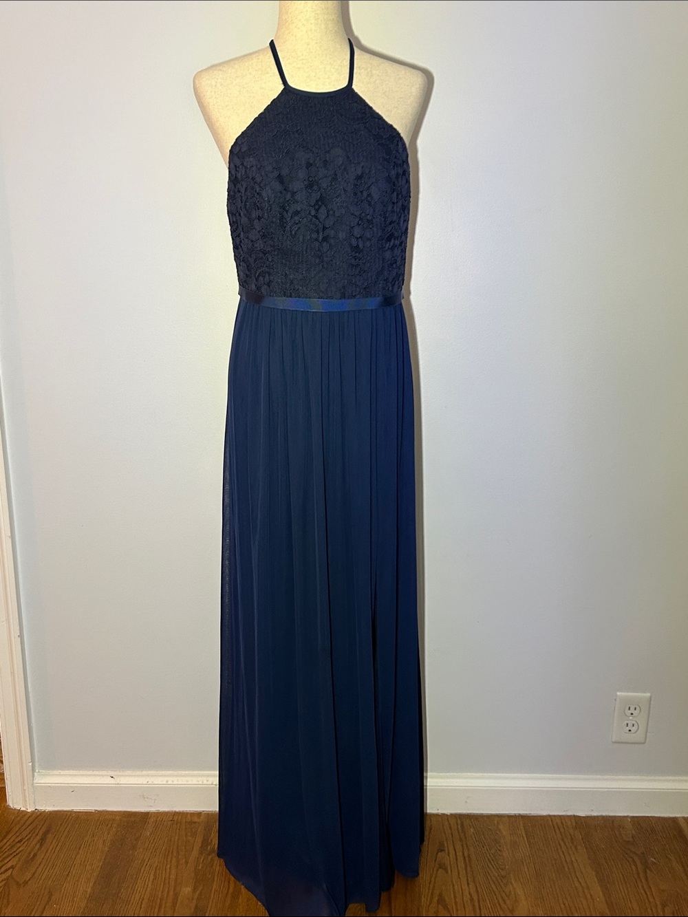 David's Bridal Navy Lace Formal Halter Maxi Dress